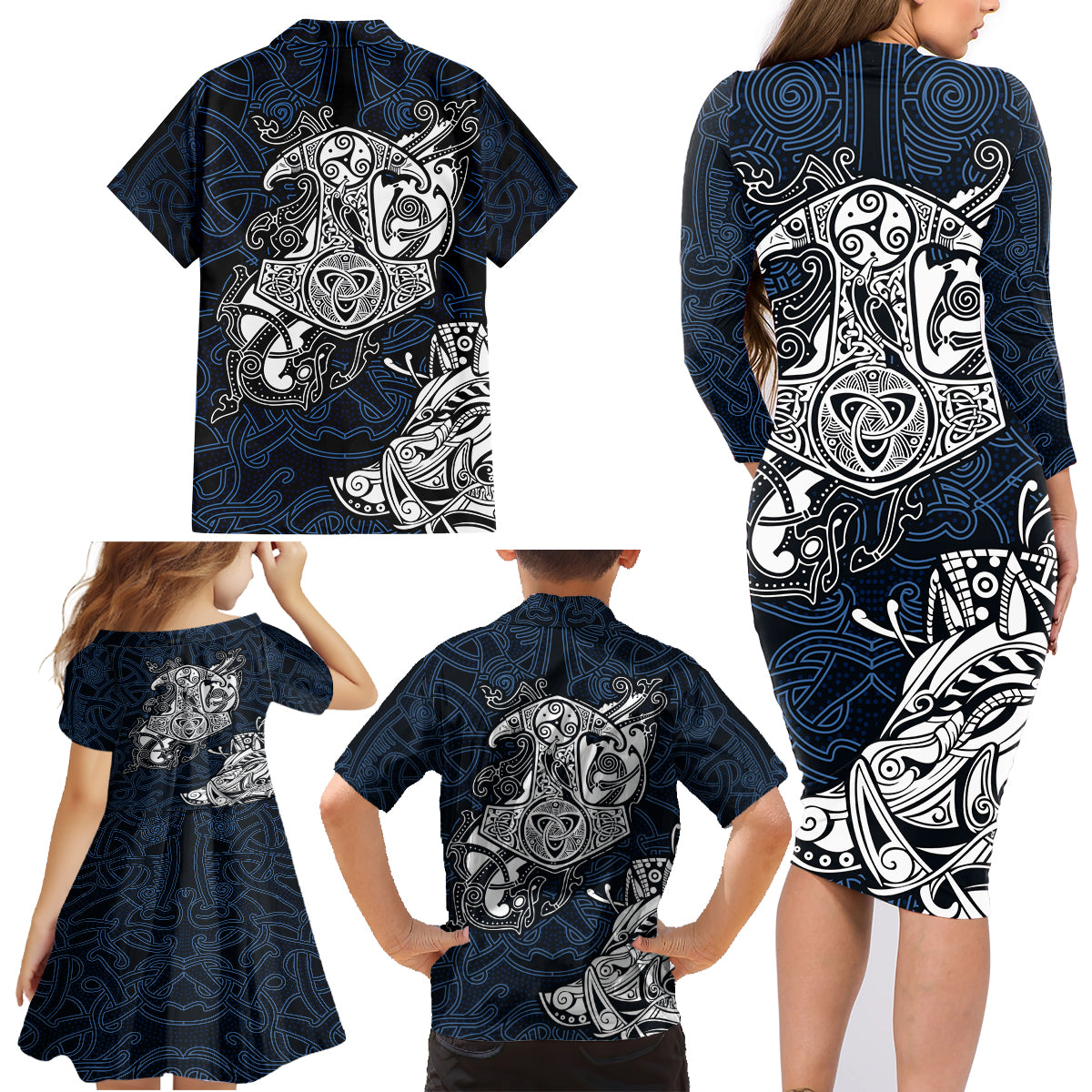 Viking Family Matching Long Sleeve Bodycon Dress and Hawaiian Shirt Legendary Viking Boar and Intricate Norse Patterns - Wonder Print Shop