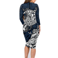 Viking Family Matching Long Sleeve Bodycon Dress and Hawaiian Shirt Legendary Viking Boar and Intricate Norse Patterns - Wonder Print Shop