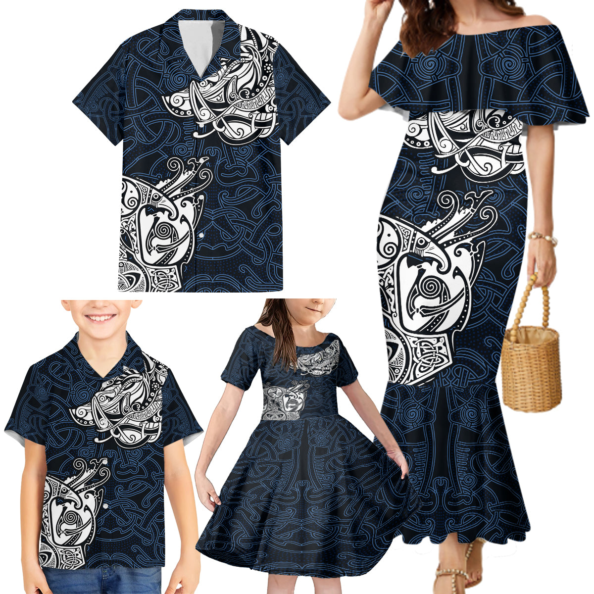 Viking Family Matching Mermaid Dress and Hawaiian Shirt Legendary Viking Boar and Intricate Norse Patterns - Wonder Print Shop