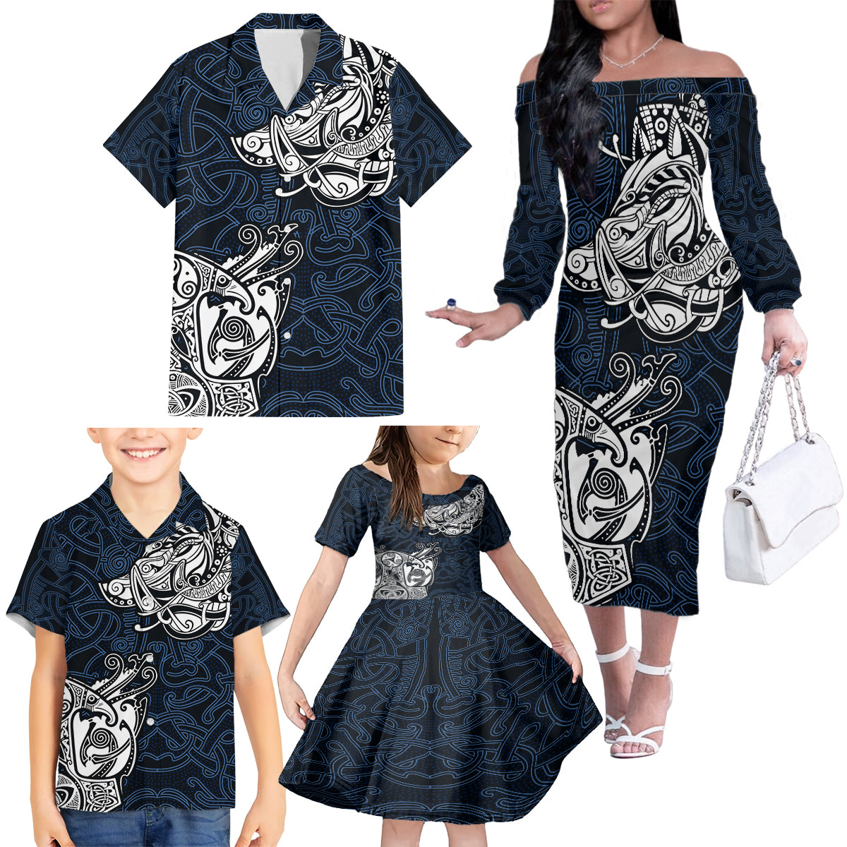 Viking Family Matching Off Shoulder Long Sleeve Dress and Hawaiian Shirt Legendary Viking Boar and Intricate Norse Patterns - Wonder Print Shop