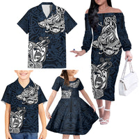 Viking Family Matching Off Shoulder Long Sleeve Dress and Hawaiian Shirt Legendary Viking Boar and Intricate Norse Patterns - Wonder Print Shop