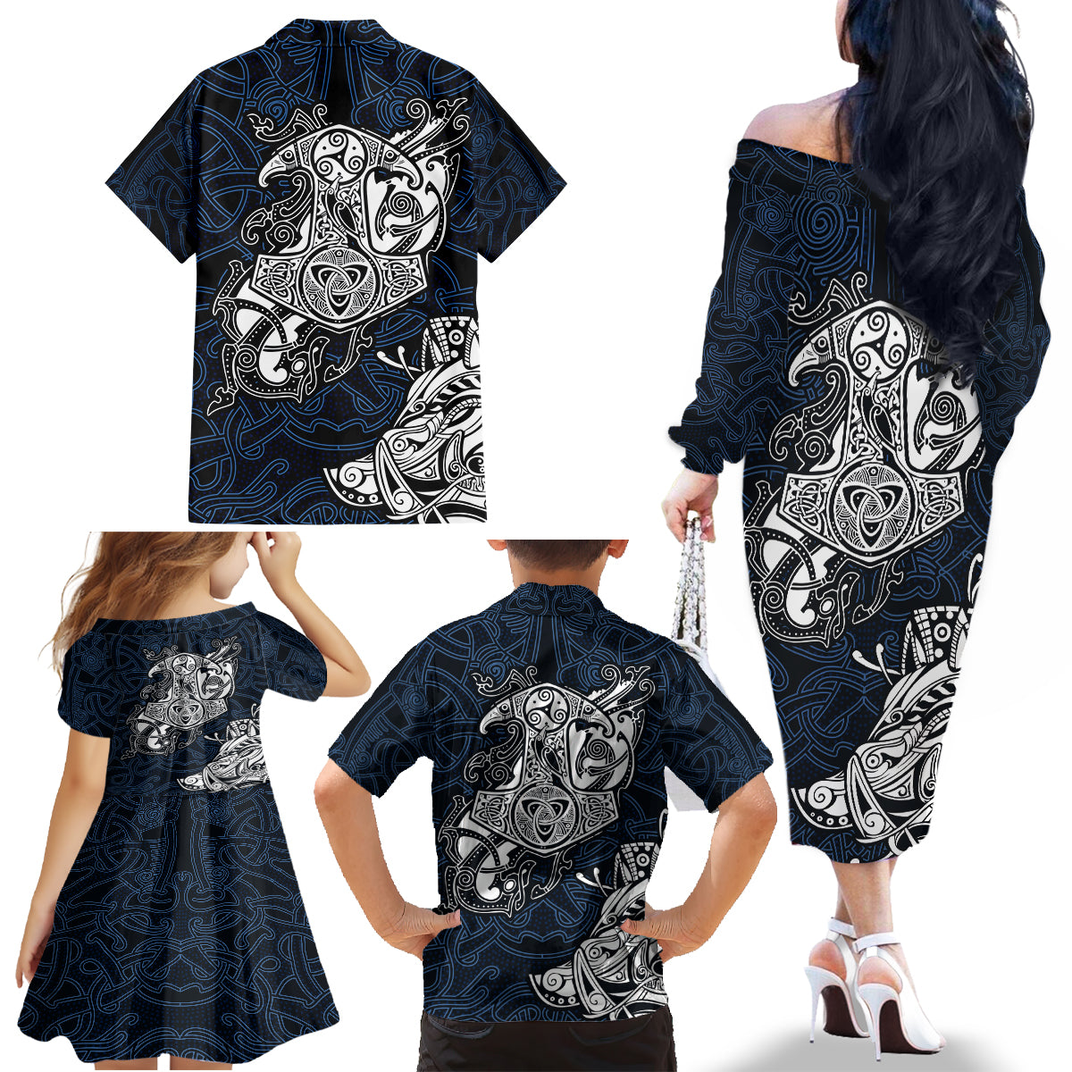 Viking Family Matching Off Shoulder Long Sleeve Dress and Hawaiian Shirt Legendary Viking Boar and Intricate Norse Patterns - Wonder Print Shop