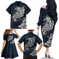 Viking Family Matching Off Shoulder Long Sleeve Dress and Hawaiian Shirt Legendary Viking Boar and Intricate Norse Patterns - Wonder Print Shop