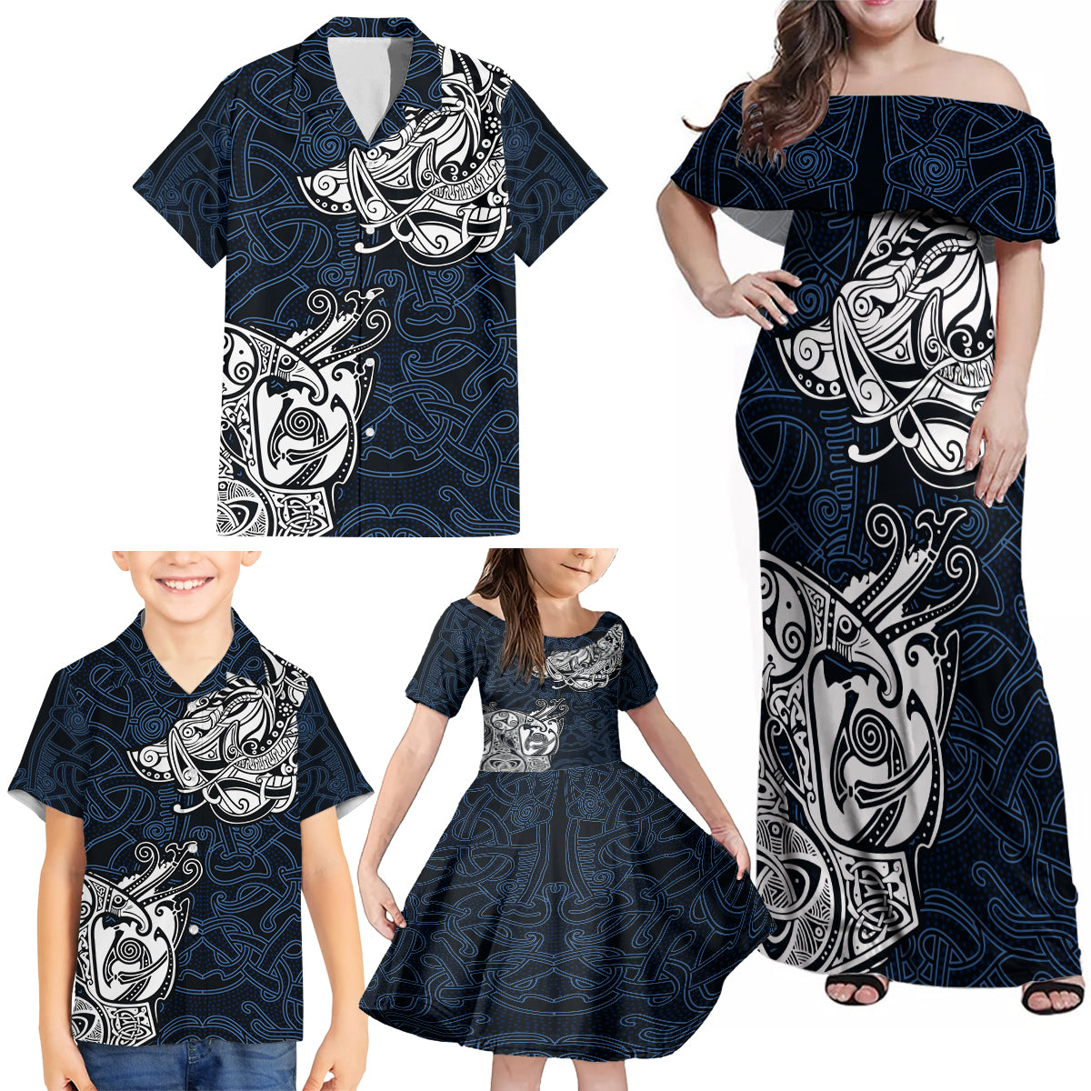 Viking Family Matching Off Shoulder Maxi Dress and Hawaiian Shirt Legendary Viking Boar and Intricate Norse Patterns - Wonder Print Shop
