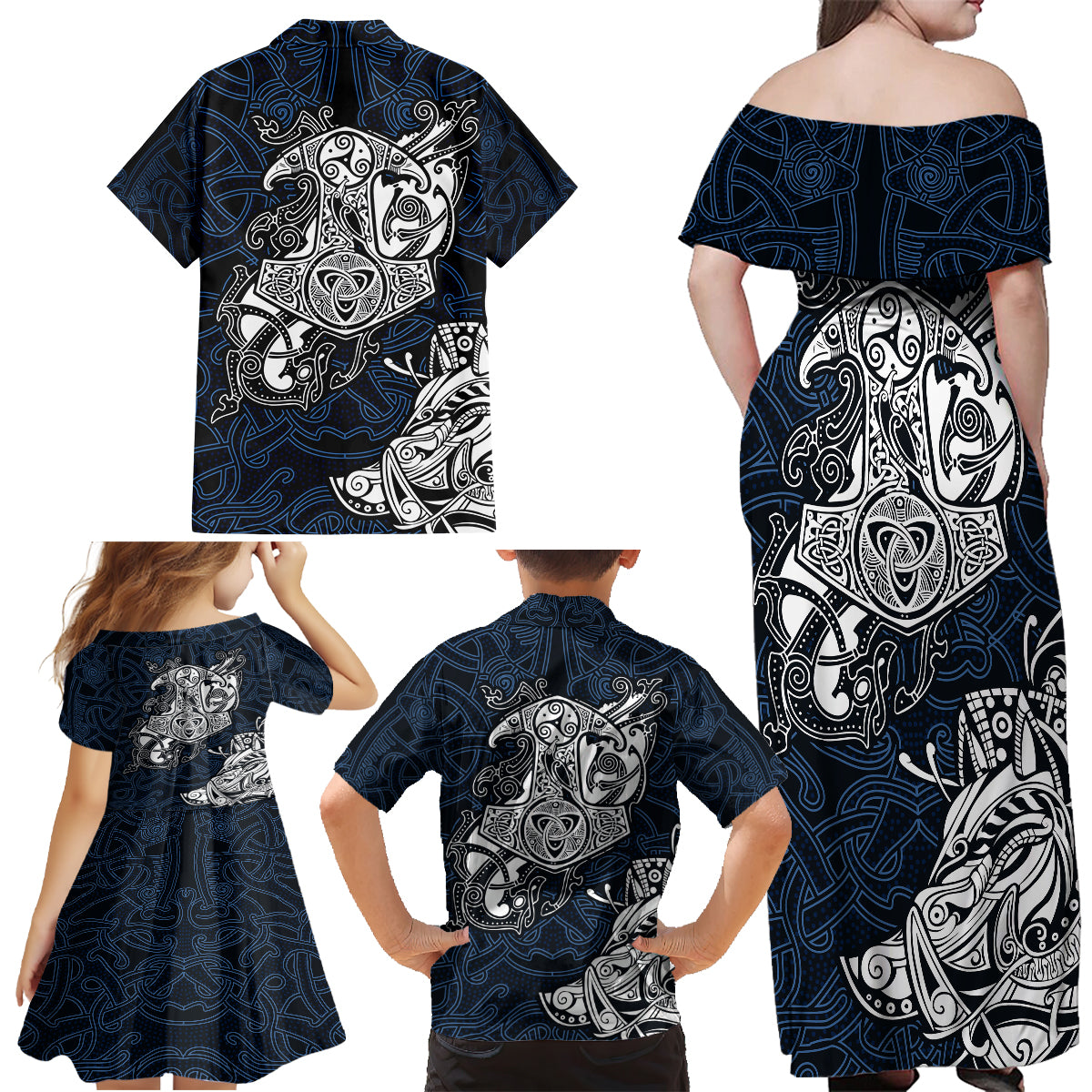Viking Family Matching Off Shoulder Maxi Dress and Hawaiian Shirt Legendary Viking Boar and Intricate Norse Patterns - Wonder Print Shop