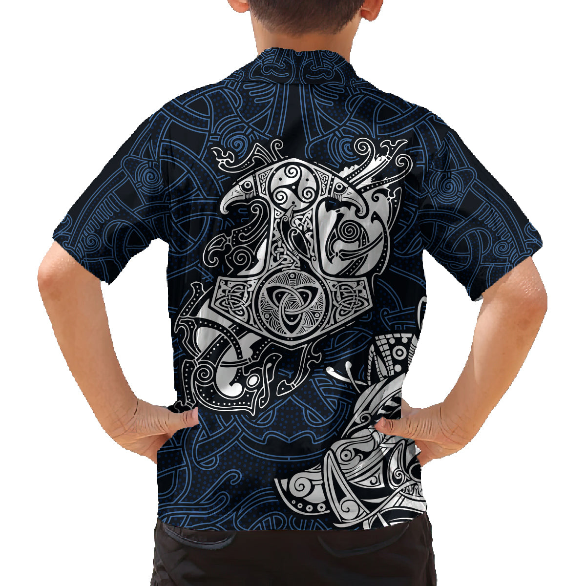Viking Family Matching Off Shoulder Short Dress and Hawaiian Shirt Legendary Viking Boar and Intricate Norse Patterns - Wonder Print Shop