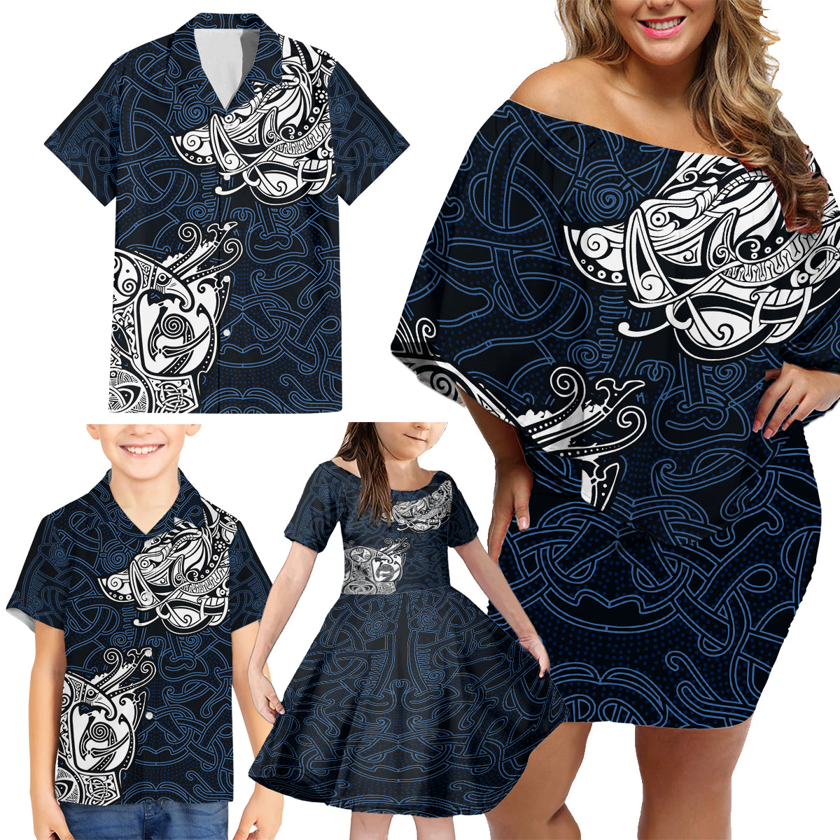 Viking Family Matching Off Shoulder Short Dress and Hawaiian Shirt Legendary Viking Boar and Intricate Norse Patterns - Wonder Print Shop