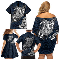 Viking Family Matching Off Shoulder Short Dress and Hawaiian Shirt Legendary Viking Boar and Intricate Norse Patterns - Wonder Print Shop