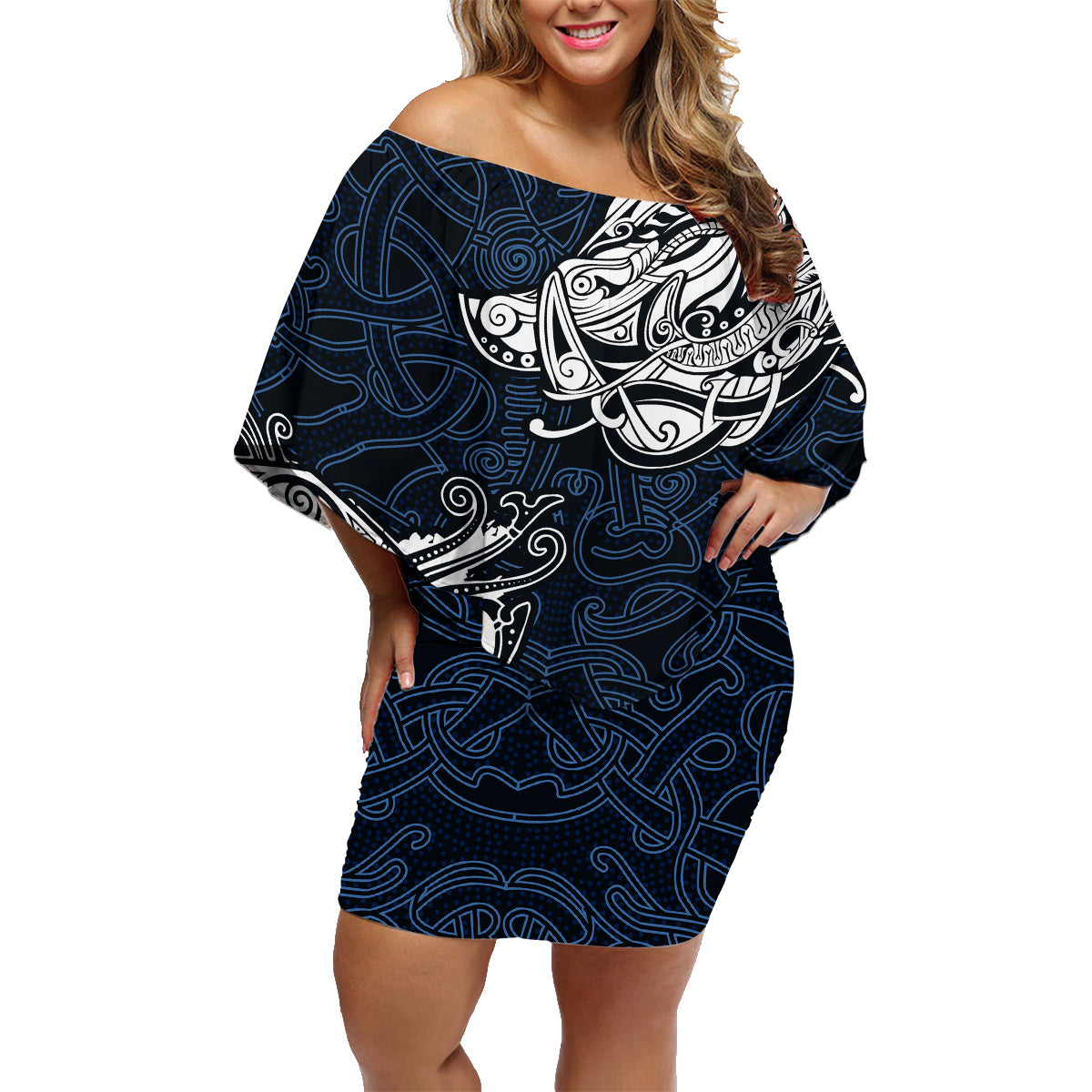 Viking Family Matching Off Shoulder Short Dress and Hawaiian Shirt Legendary Viking Boar and Intricate Norse Patterns - Wonder Print Shop