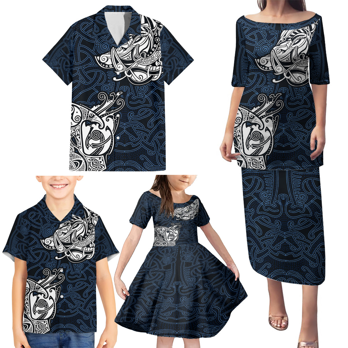 Viking Family Matching Puletasi Dress and Hawaiian Shirt Legendary Viking Boar and Intricate Norse Patterns - Wonder Print Shop