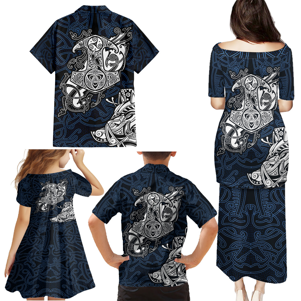 Viking Family Matching Puletasi Dress and Hawaiian Shirt Legendary Viking Boar and Intricate Norse Patterns - Wonder Print Shop