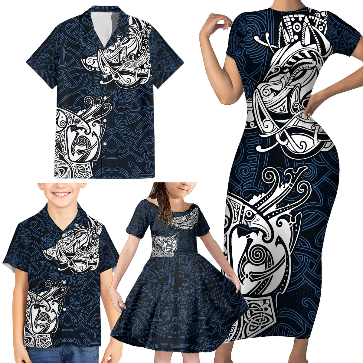 Viking Family Matching Short Sleeve Bodycon Dress and Hawaiian Shirt Legendary Viking Boar and Intricate Norse Patterns - Wonder Print Shop