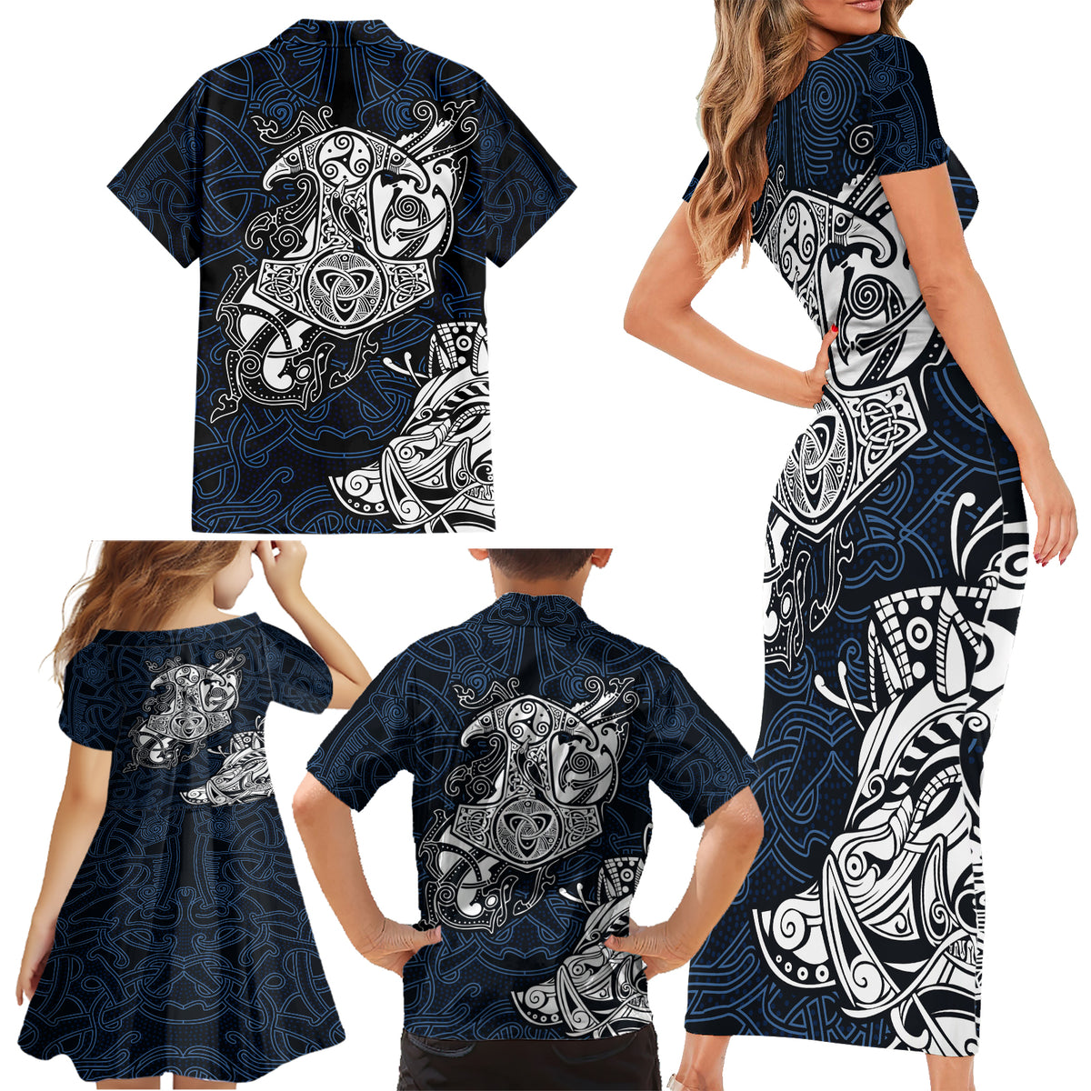Viking Family Matching Short Sleeve Bodycon Dress and Hawaiian Shirt Legendary Viking Boar and Intricate Norse Patterns - Wonder Print Shop