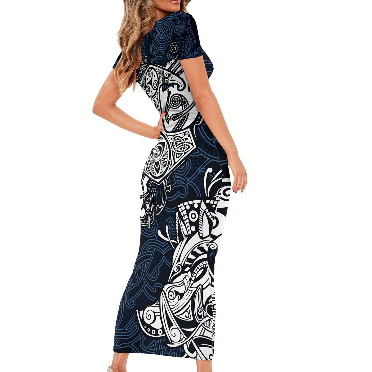 Viking Family Matching Short Sleeve Bodycon Dress and Hawaiian Shirt Legendary Viking Boar and Intricate Norse Patterns - Wonder Print Shop