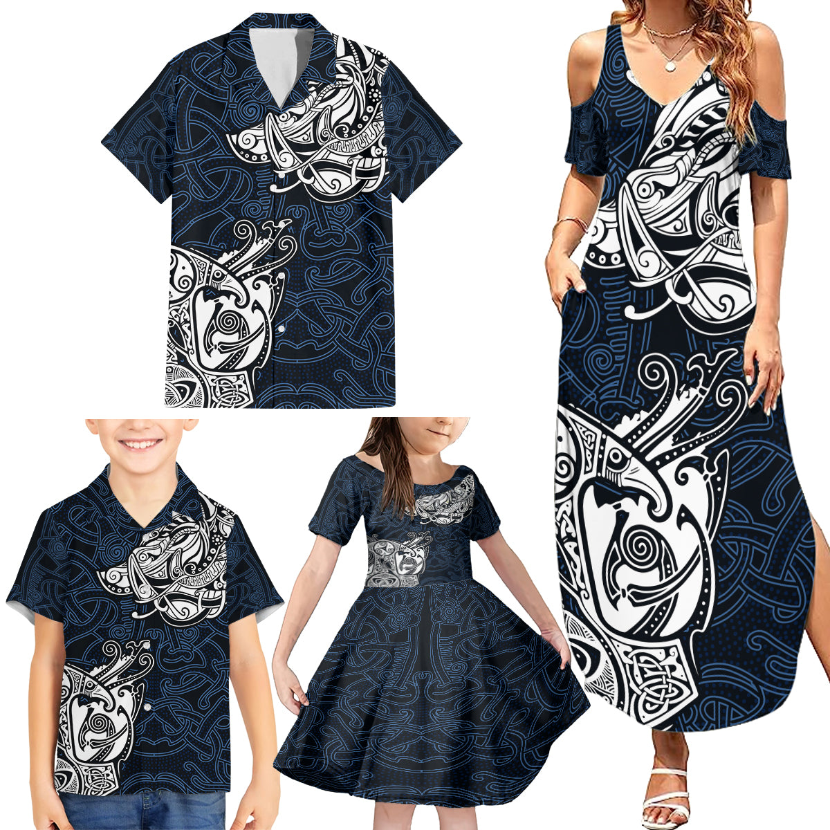 Viking Family Matching Summer Maxi Dress and Hawaiian Shirt Legendary Viking Boar and Intricate Norse Patterns - Wonder Print Shop