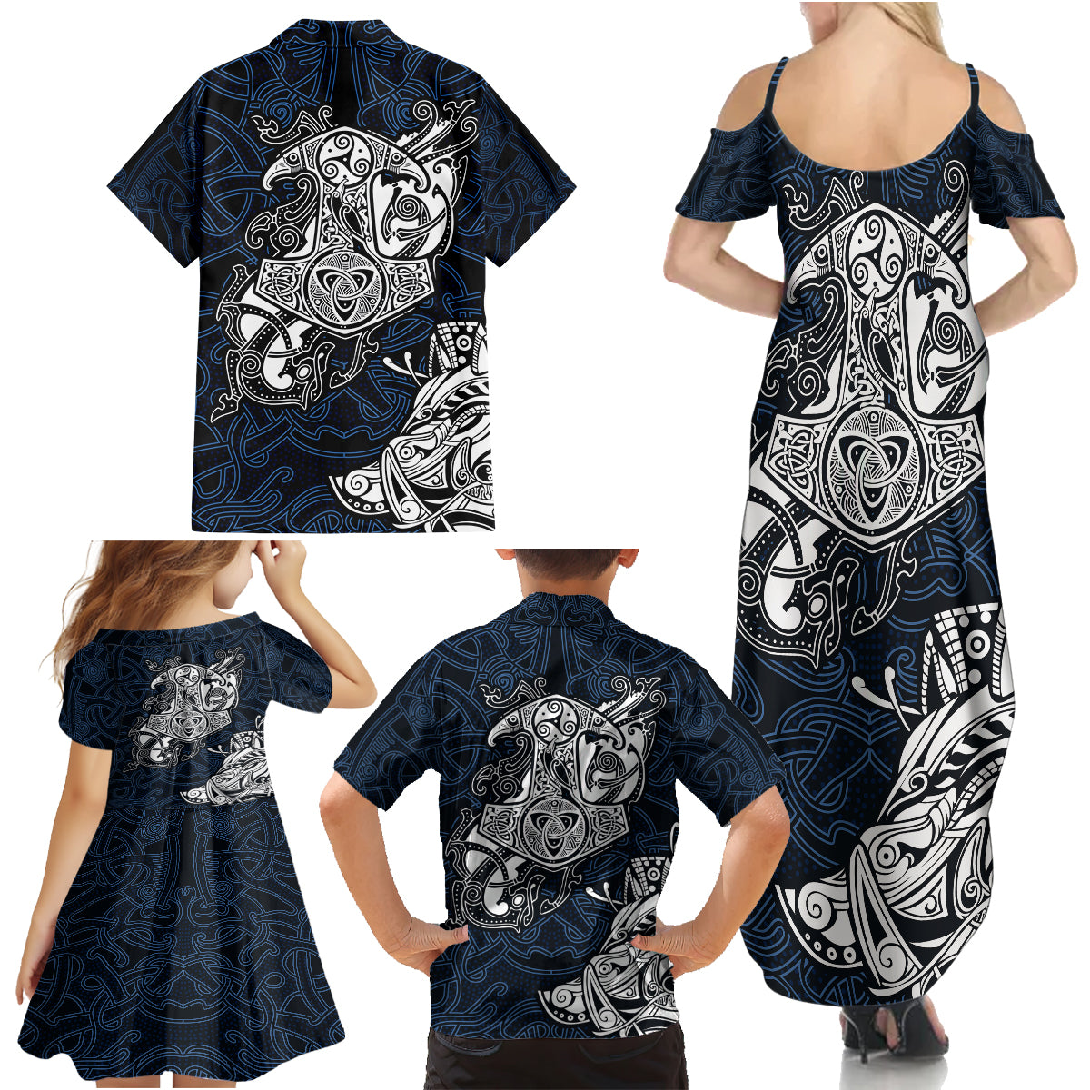 Viking Family Matching Summer Maxi Dress and Hawaiian Shirt Legendary Viking Boar and Intricate Norse Patterns - Wonder Print Shop
