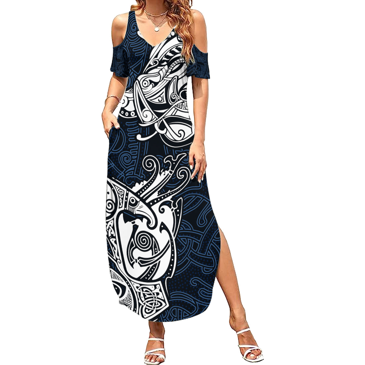 Viking Family Matching Summer Maxi Dress and Hawaiian Shirt Legendary Viking Boar and Intricate Norse Patterns - Wonder Print Shop