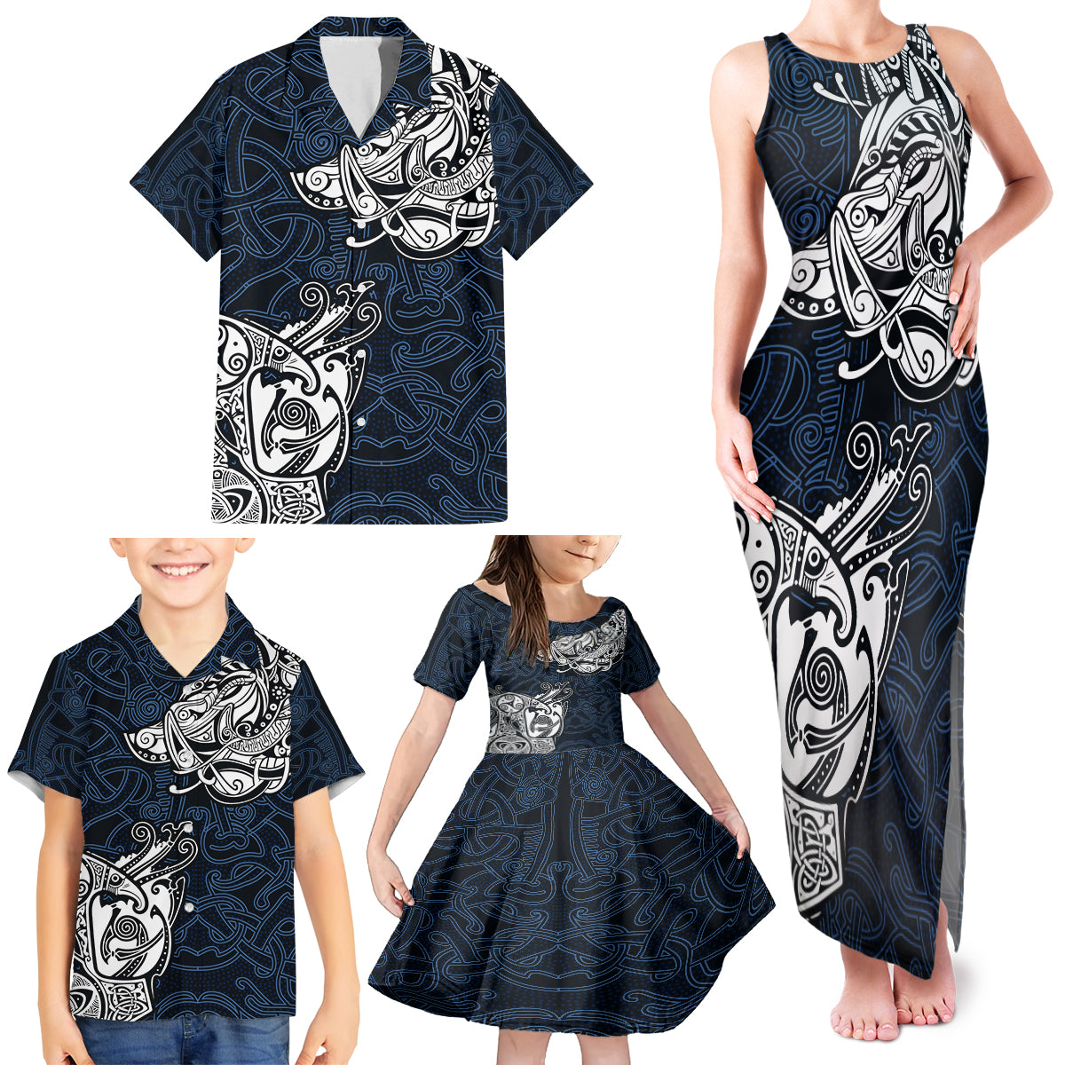 Viking Family Matching Tank Maxi Dress and Hawaiian Shirt Legendary Viking Boar and Intricate Norse Patterns - Wonder Print Shop