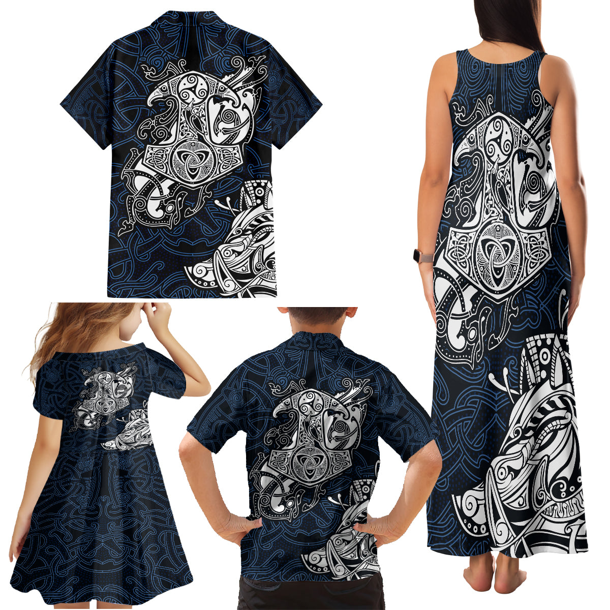 Viking Family Matching Tank Maxi Dress and Hawaiian Shirt Legendary Viking Boar and Intricate Norse Patterns - Wonder Print Shop