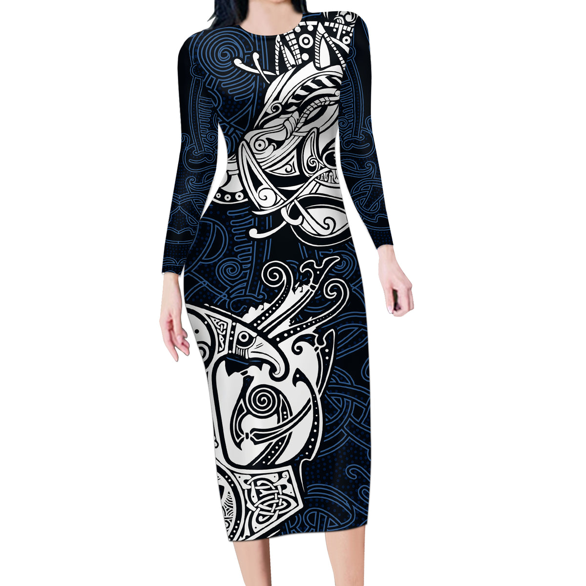 Viking Long Sleeve Bodycon Dress Legendary Viking Boar and Intricate Norse Patterns - Wonder Print Shop