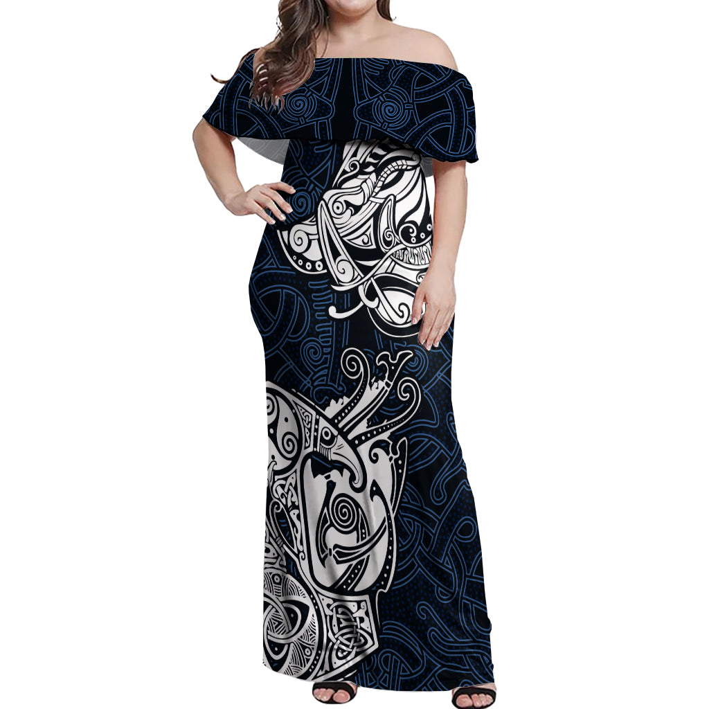 Viking Off Shoulder Maxi Dress Legendary Viking Boar and Intricate Norse Patterns - Wonder Print Shop