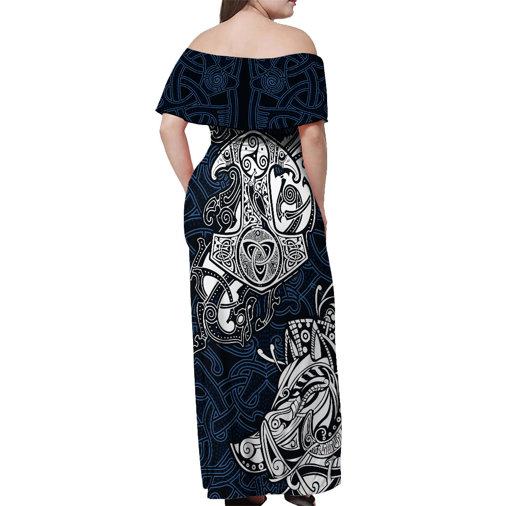 Viking Off Shoulder Maxi Dress Legendary Viking Boar and Intricate Norse Patterns - Wonder Print Shop