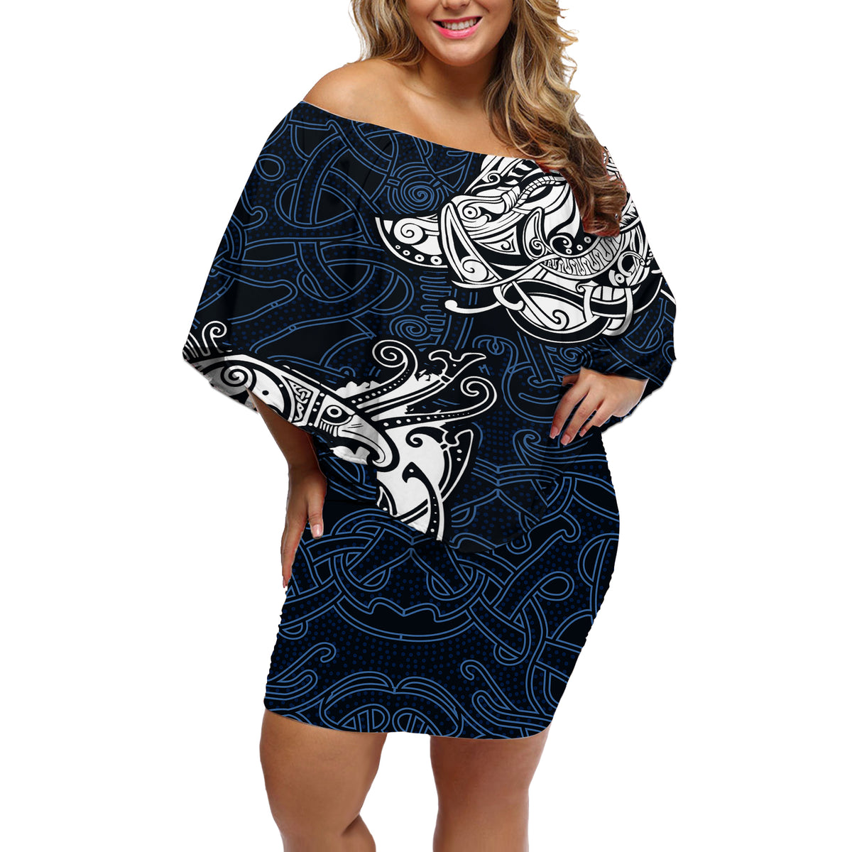Viking Off Shoulder Short Dress Legendary Viking Boar and Intricate Norse Patterns - Wonder Print Shop