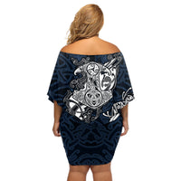 Viking Off Shoulder Short Dress Legendary Viking Boar and Intricate Norse Patterns - Wonder Print Shop