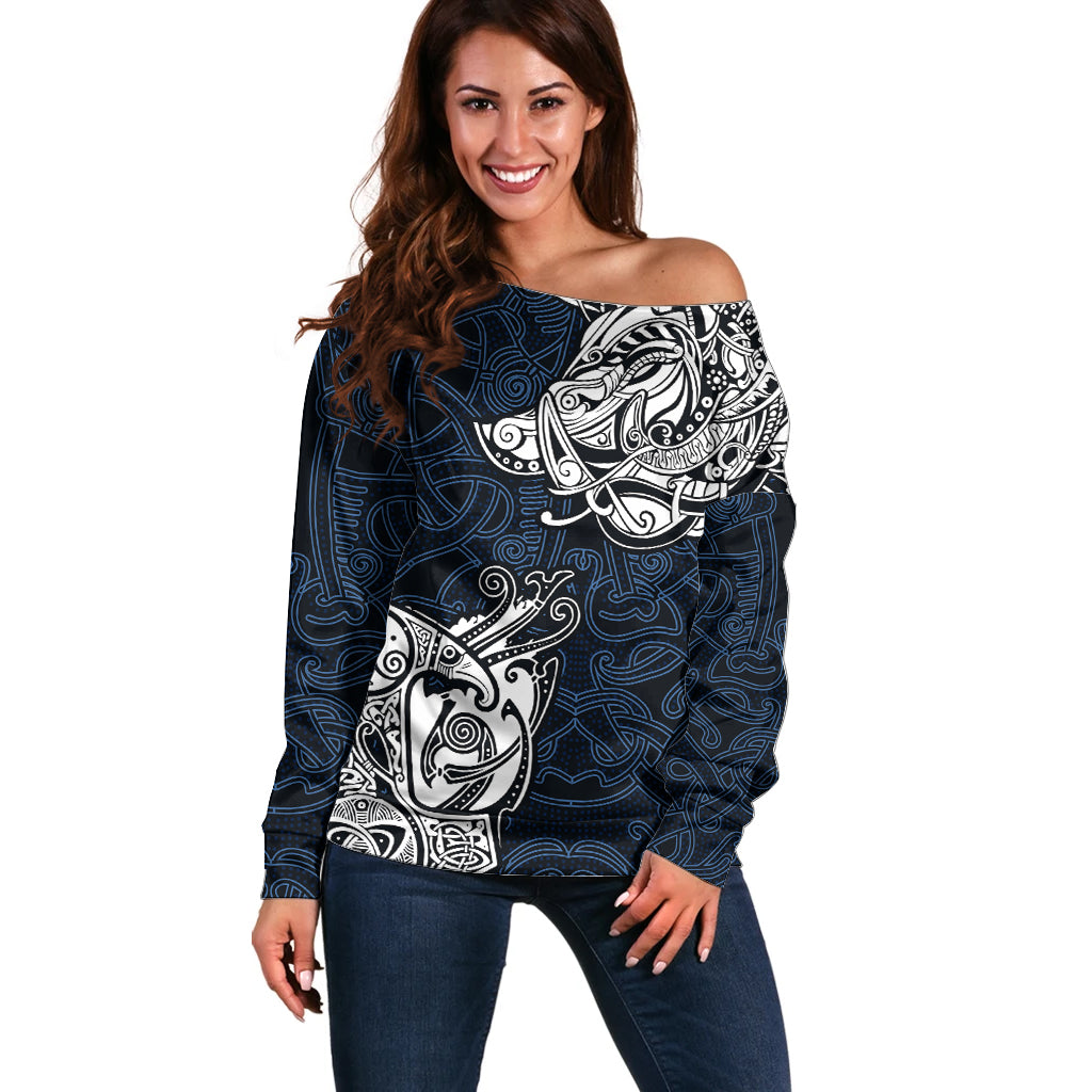 Viking Off Shoulder Sweater Legendary Viking Boar and Intricate Norse Patterns - Wonder Print Shop