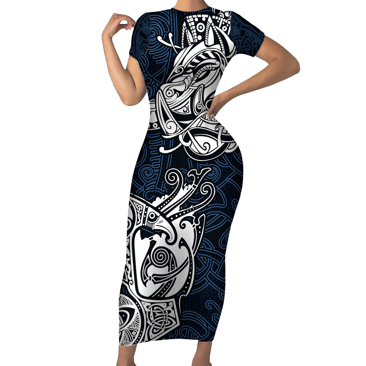 Viking Short Sleeve Bodycon Dress Legendary Viking Boar and Intricate Norse Patterns - Wonder Print Shop