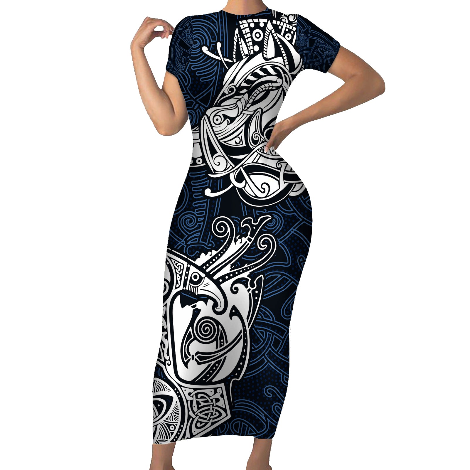 Viking Short Sleeve Bodycon Dress Legendary Viking Boar and Intricate Norse Patterns - Wonder Print Shop