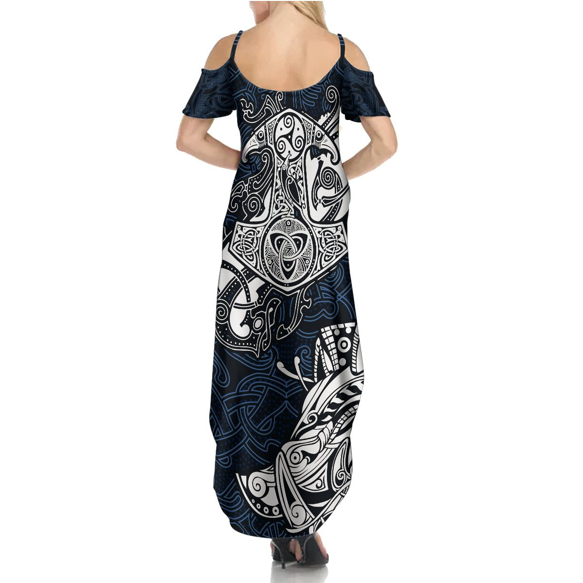 Viking Summer Maxi Dress Legendary Viking Boar and Intricate Norse Patterns - Wonder Print Shop