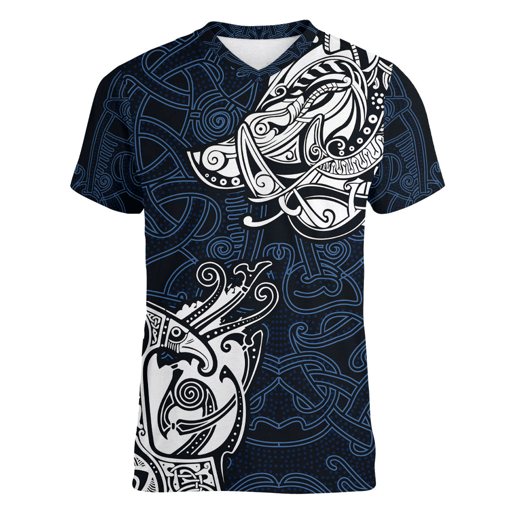 Viking Women V Neck T Shirt Legendary Viking Boar and Intricate Norse Patterns - Wonder Print Shop