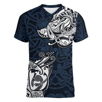 Viking Women V Neck T Shirt Legendary Viking Boar and Intricate Norse Patterns - Wonder Print Shop