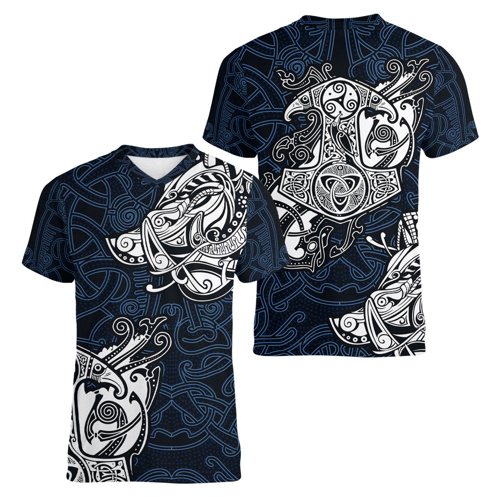 Viking Women V Neck T Shirt Legendary Viking Boar and Intricate Norse Patterns - Wonder Print Shop