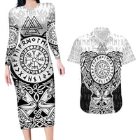Viking Tattoo Couples Matching Long Sleeve Bodycon Dress and Hawaiian Shirt Hugin And Munin Asgardian Ravens Grunge Art - Wonder Print Shop