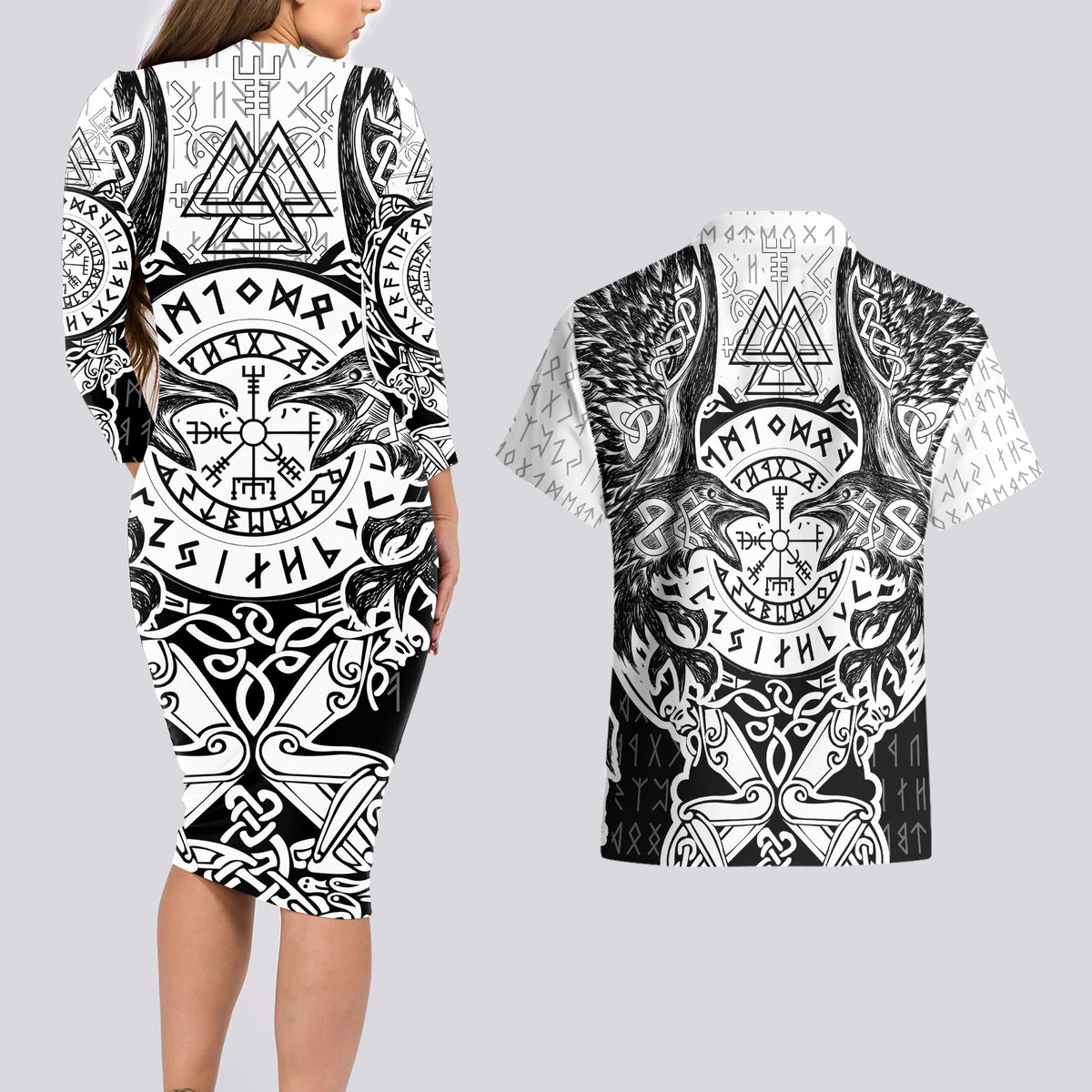 Viking Tattoo Couples Matching Long Sleeve Bodycon Dress and Hawaiian Shirt Hugin And Munin Asgardian Ravens Grunge Art - Wonder Print Shop