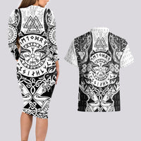 Viking Tattoo Couples Matching Long Sleeve Bodycon Dress and Hawaiian Shirt Hugin And Munin Asgardian Ravens Grunge Art - Wonder Print Shop