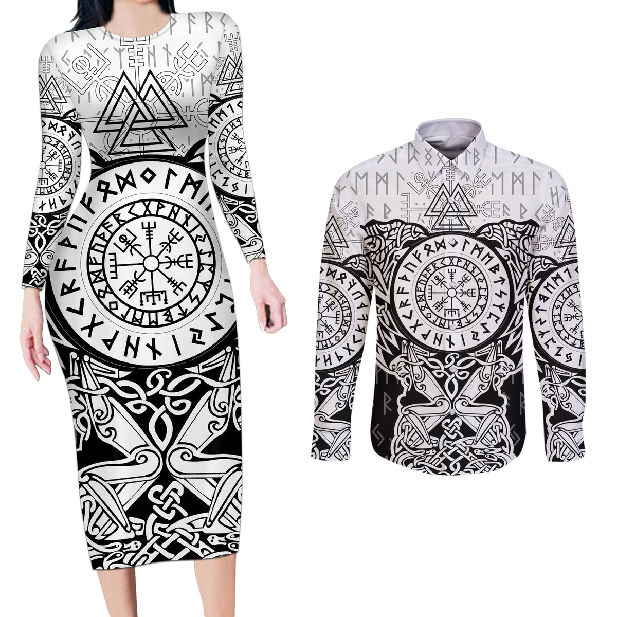Viking Tattoo Couples Matching Long Sleeve Bodycon Dress and Long Sleeve Button Shirts Hugin And Munin Asgardian Ravens Grunge Art - Wonder Print Shop