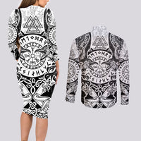 Viking Tattoo Couples Matching Long Sleeve Bodycon Dress and Long Sleeve Button Shirts Hugin And Munin Asgardian Ravens Grunge Art - Wonder Print Shop