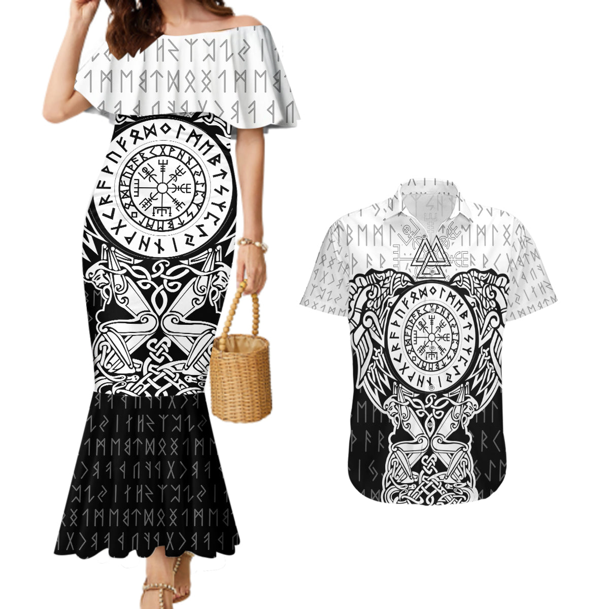 Viking Tattoo Couples Matching Mermaid Dress and Hawaiian Shirt Hugin And Munin Asgardian Ravens Grunge Art - Wonder Print Shop