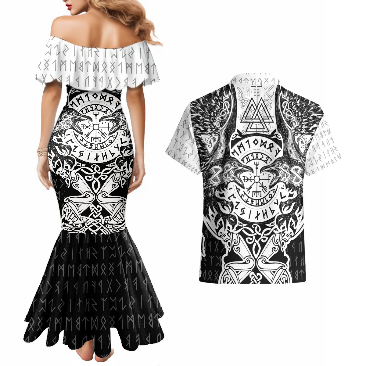 Viking Tattoo Couples Matching Mermaid Dress and Hawaiian Shirt Hugin And Munin Asgardian Ravens Grunge Art - Wonder Print Shop