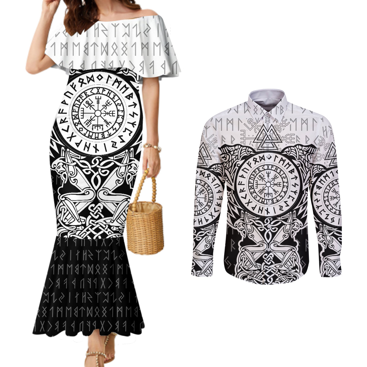 viking-tattoo-couples-matching-mermaid-dress-and-long-sleeve-button-shirts-hugin-and-munin-asgardian-ravens-grunge-art