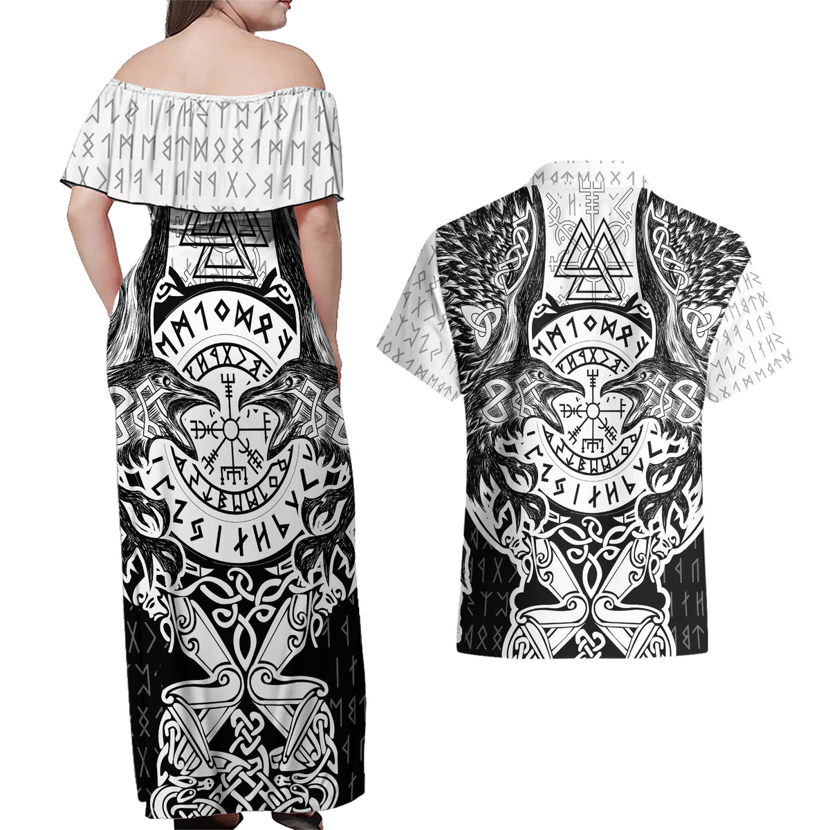 Viking Tattoo Couples Matching Off Shoulder Maxi Dress and Hawaiian Shirt Hugin And Munin Asgardian Ravens Grunge Art - Wonder Print Shop