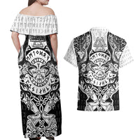 Viking Tattoo Couples Matching Off Shoulder Maxi Dress and Hawaiian Shirt Hugin And Munin Asgardian Ravens Grunge Art - Wonder Print Shop