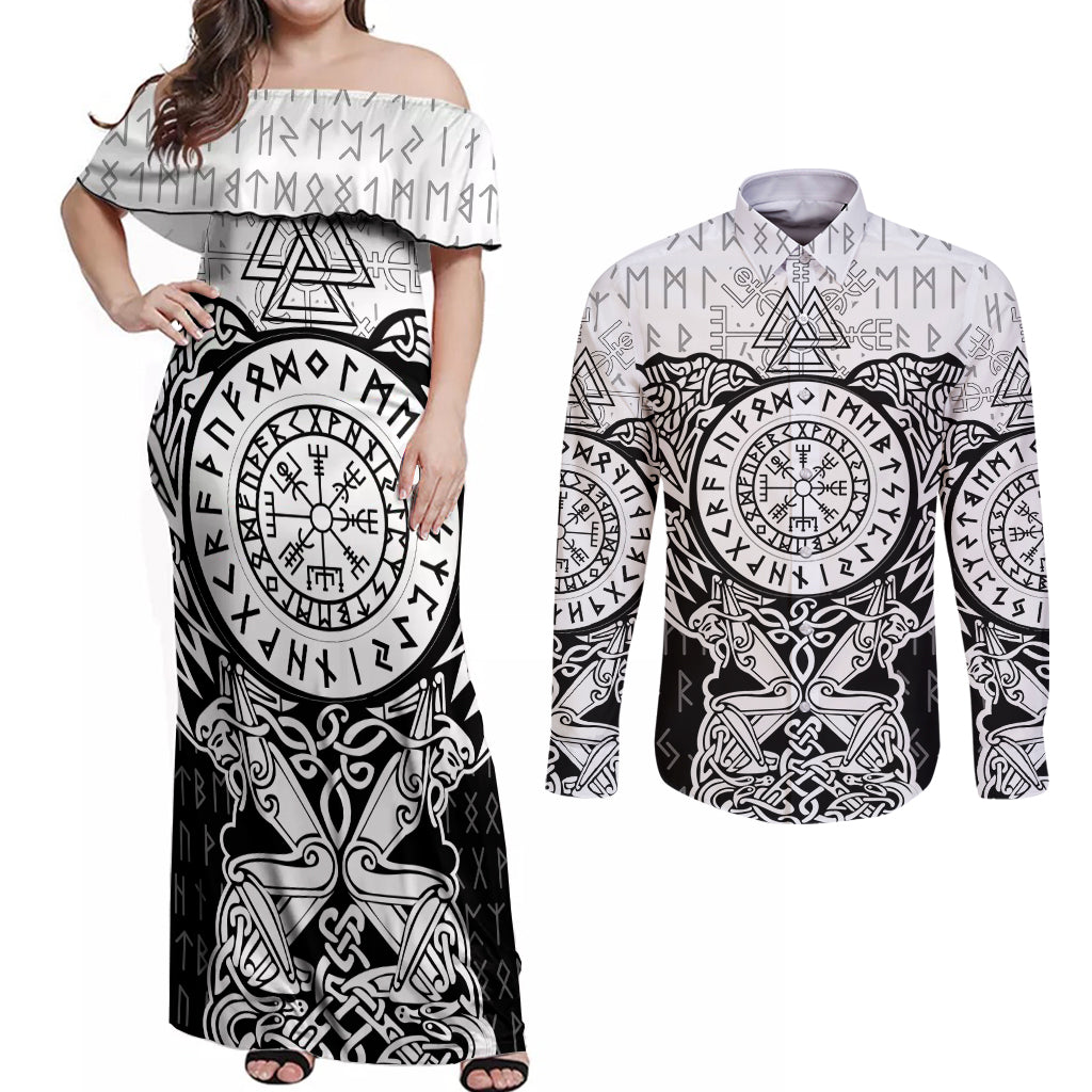 Viking Tattoo Couples Matching Off Shoulder Maxi Dress and Long Sleeve Button Shirts Hugin And Munin Asgardian Ravens Grunge Art - Wonder Print Shop