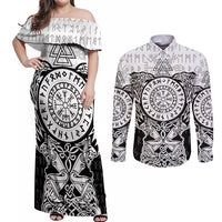 Viking Tattoo Couples Matching Off Shoulder Maxi Dress and Long Sleeve Button Shirts Hugin And Munin Asgardian Ravens Grunge Art - Wonder Print Shop
