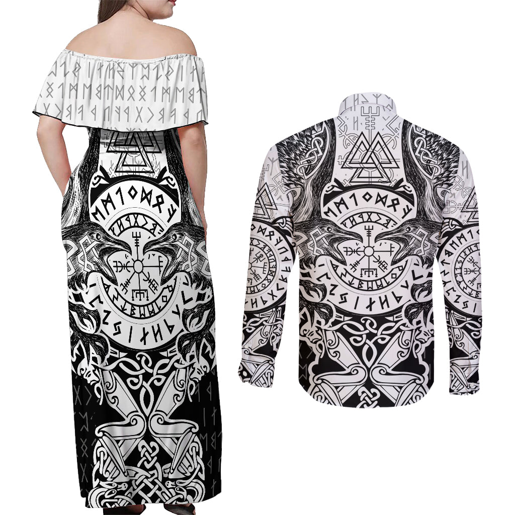 Viking Tattoo Couples Matching Off Shoulder Maxi Dress and Long Sleeve Button Shirts Hugin And Munin Asgardian Ravens Grunge Art - Wonder Print Shop