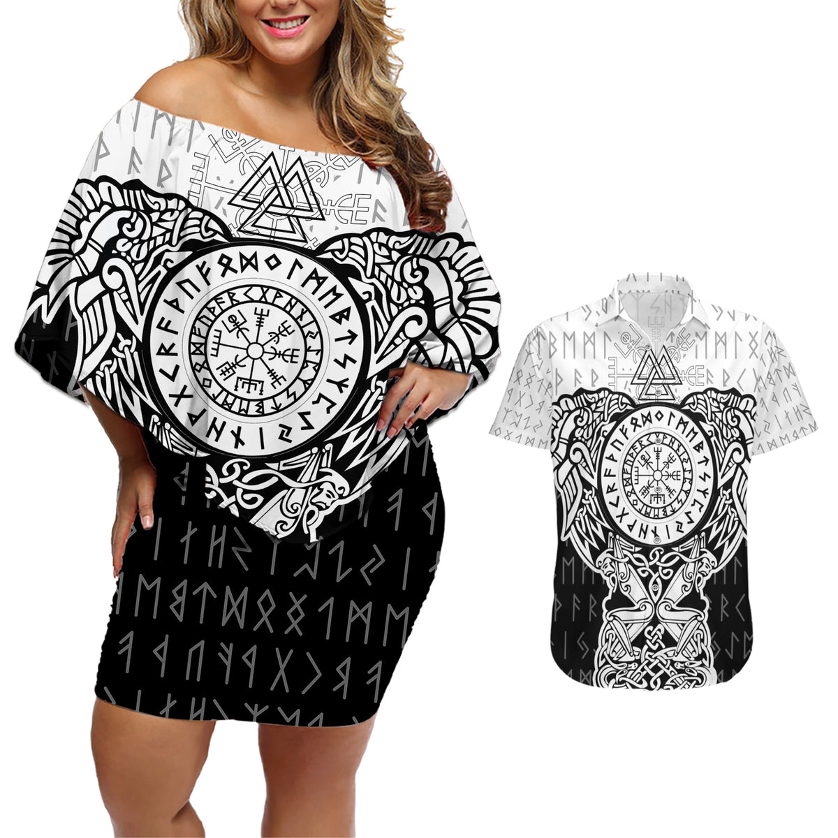 Viking Tattoo Couples Matching Off Shoulder Short Dress and Hawaiian Shirt Hugin And Munin Asgardian Ravens Grunge Art - Wonder Print Shop
