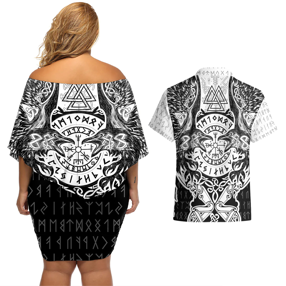 Viking Tattoo Couples Matching Off Shoulder Short Dress and Hawaiian Shirt Hugin And Munin Asgardian Ravens Grunge Art - Wonder Print Shop